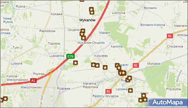 mapa Kościelec gmina Rędziny, Kościelec gmina Rędziny na mapie Targeo