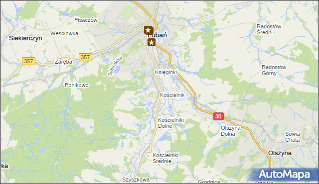 mapa Kościelnik gmina Lubań, Kościelnik gmina Lubań na mapie Targeo