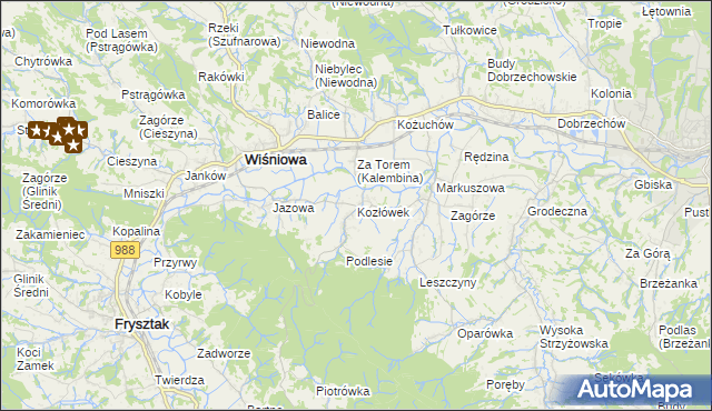 mapa Kozłówek gmina Wiśniowa, Kozłówek gmina Wiśniowa na mapie Targeo