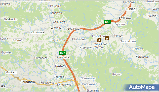 mapa Krzeczów gmina Lubień, Krzeczów gmina Lubień na mapie Targeo