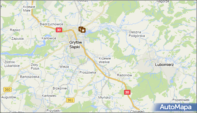 mapa Krzewie Wielkie, Krzewie Wielkie na mapie Targeo