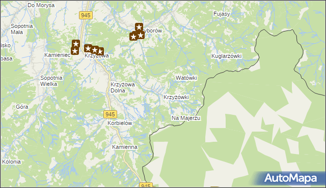 mapa Krzyżówki gmina Jeleśnia, Krzyżówki gmina Jeleśnia na mapie Targeo