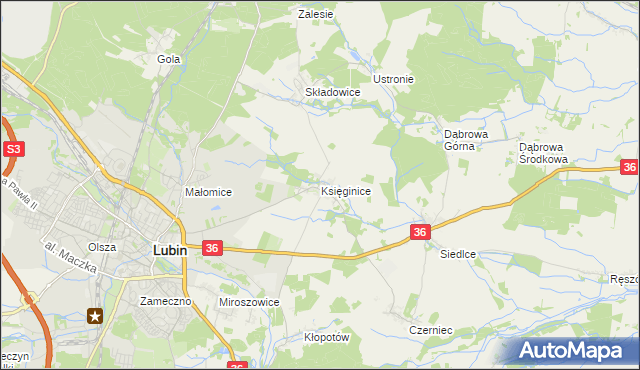 mapa Księginice gmina Lubin, Księginice gmina Lubin na mapie Targeo