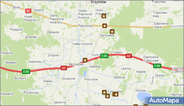 mapa Kuny gmina Władysławów, Kuny gmina Władysławów na mapie Targeo