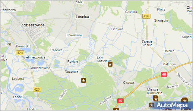 mapa Łąki Kozielskie, Łąki Kozielskie na mapie Targeo