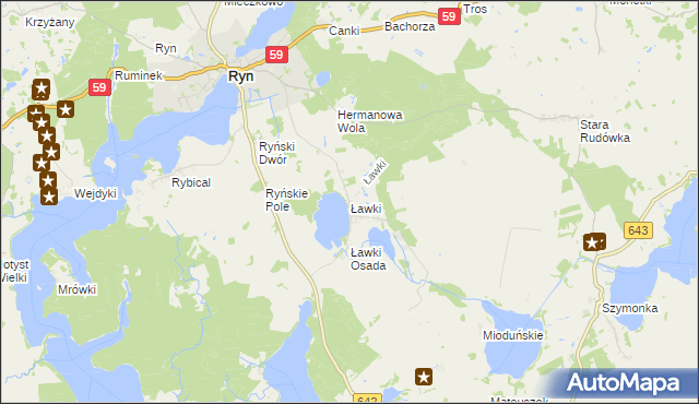 mapa Ławki gmina Ryn, Ławki gmina Ryn na mapie Targeo