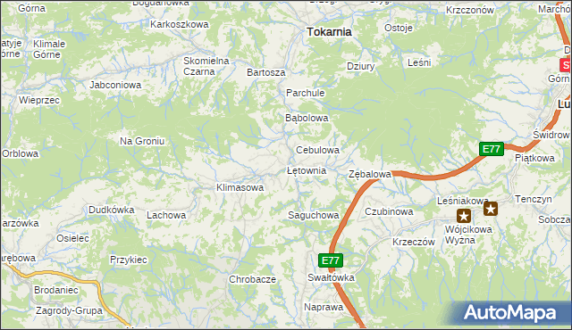 mapa Łętownia gmina Jordanów, Łętownia gmina Jordanów na mapie Targeo