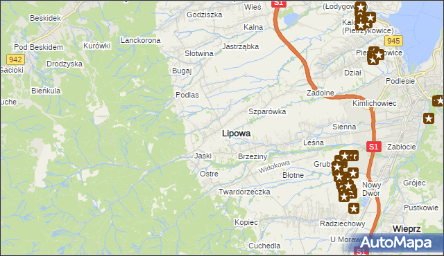 mapa Lipowa powiat żywiecki, Lipowa powiat żywiecki na mapie Targeo