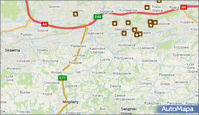 mapa Lusina gmina Mogilany, Lusina gmina Mogilany na mapie Targeo