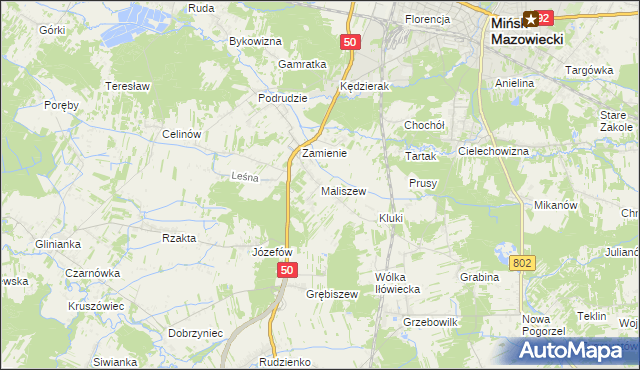 mapa Maliszew gmina Mińsk Mazowiecki, Maliszew gmina Mińsk Mazowiecki na mapie Targeo