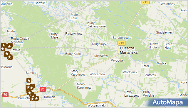 mapa Michałów gmina Puszcza Mariańska, Michałów gmina Puszcza Mariańska na mapie Targeo