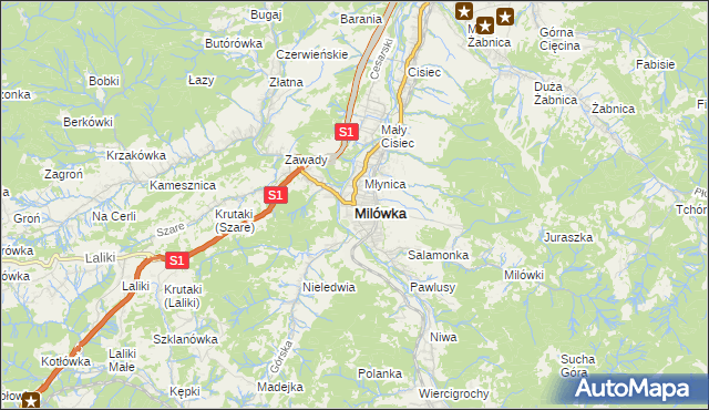 mapa Milówka powiat żywiecki, Milówka powiat żywiecki na mapie Targeo