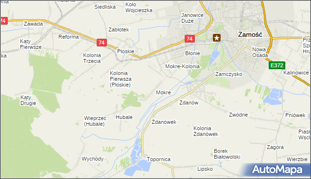 mapa Mokre gmina Zamość, Mokre gmina Zamość na mapie Targeo