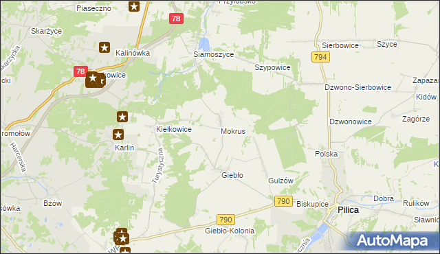 mapa Mokrus gmina Ogrodzieniec, Mokrus gmina Ogrodzieniec na mapie Targeo