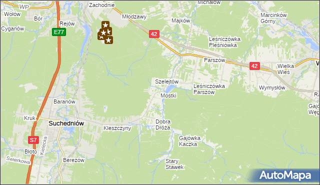 mapa Mostki gmina Suchedniów, Mostki gmina Suchedniów na mapie Targeo