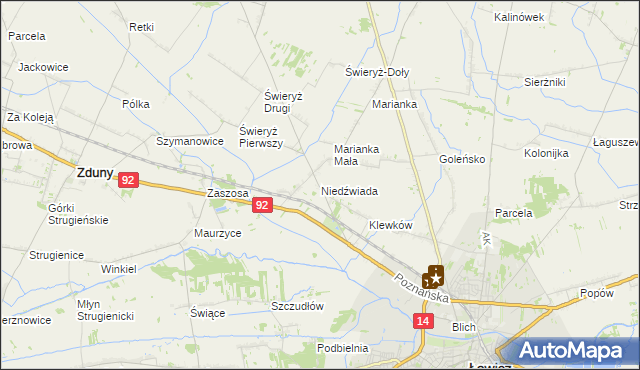 mapa Niedźwiada gmina Łowicz, Niedźwiada gmina Łowicz na mapie Targeo