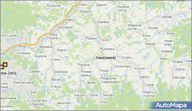 mapa Niedźwiedź powiat limanowski, Niedźwiedź powiat limanowski na mapie Targeo