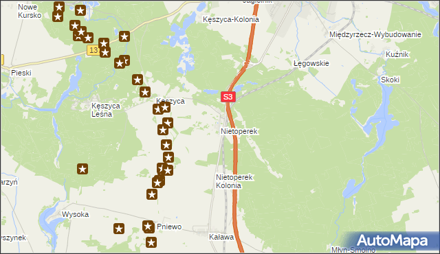 mapa Nietoperek, Nietoperek na mapie Targeo