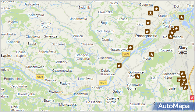 mapa Olszanka gmina Podegrodzie, Olszanka gmina Podegrodzie na mapie Targeo