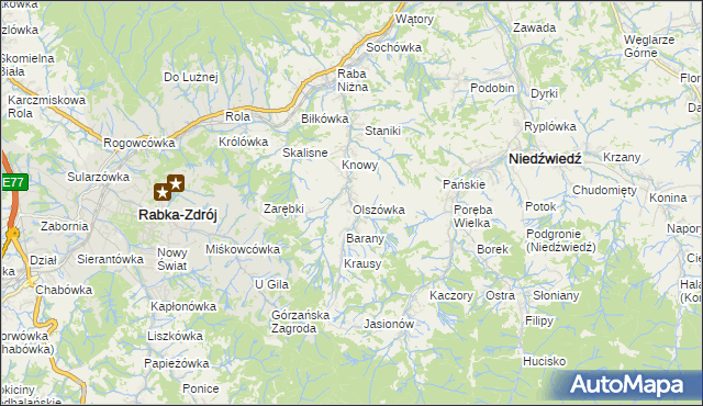 mapa Olszówka gmina Mszana Dolna, Olszówka gmina Mszana Dolna na mapie Targeo