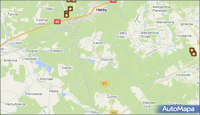 mapa Olszyna gmina Herby, Olszyna gmina Herby na mapie Targeo