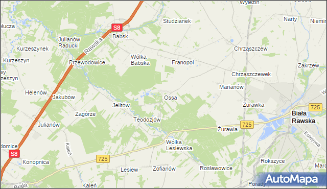 mapa Ossa gmina Biała Rawska, Ossa gmina Biała Rawska na mapie Targeo