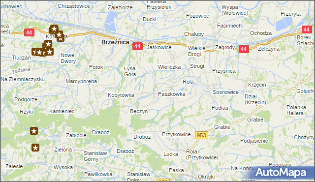 mapa Paszkówka gmina Brzeźnica, Paszkówka gmina Brzeźnica na mapie Targeo