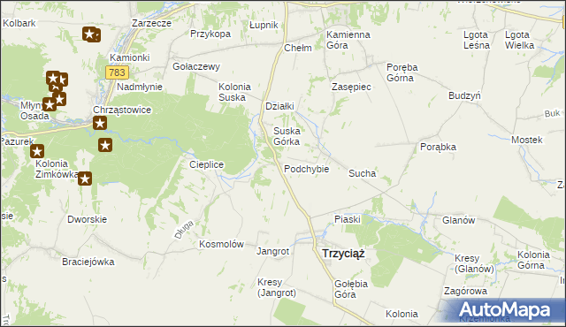 mapa Podchybie gmina Trzyciąż, Podchybie gmina Trzyciąż na mapie Targeo