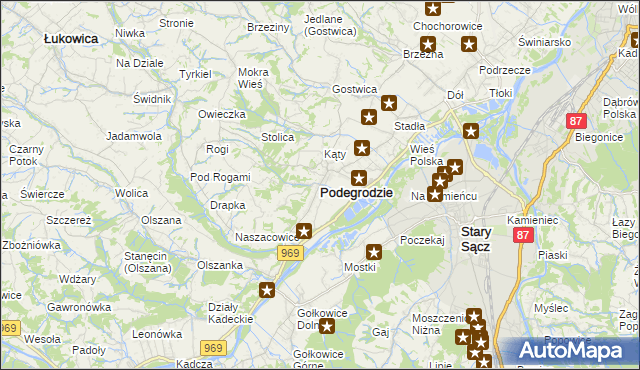 mapa Podegrodzie powiat nowosądecki, Podegrodzie powiat nowosądecki na mapie Targeo