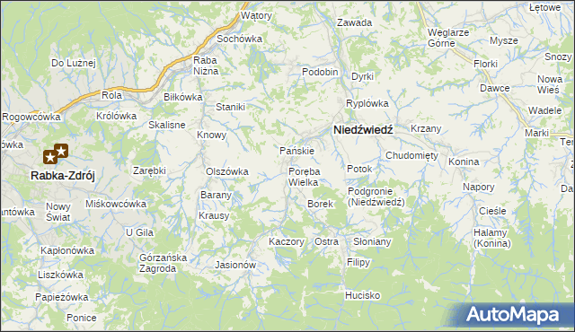 mapa Poręba Wielka gmina Niedźwiedź, Poręba Wielka gmina Niedźwiedź na mapie Targeo