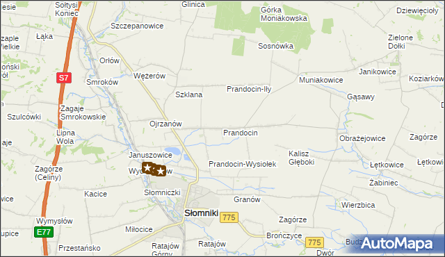 mapa Prandocin gmina Słomniki, Prandocin gmina Słomniki na mapie Targeo