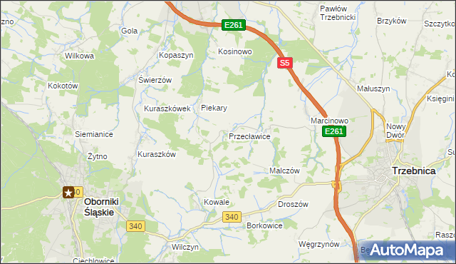 mapa Przecławice gmina Oborniki Śląskie, Przecławice gmina Oborniki Śląskie na mapie Targeo