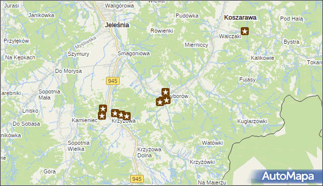 mapa Przyborów gmina Jeleśnia, Przyborów gmina Jeleśnia na mapie Targeo