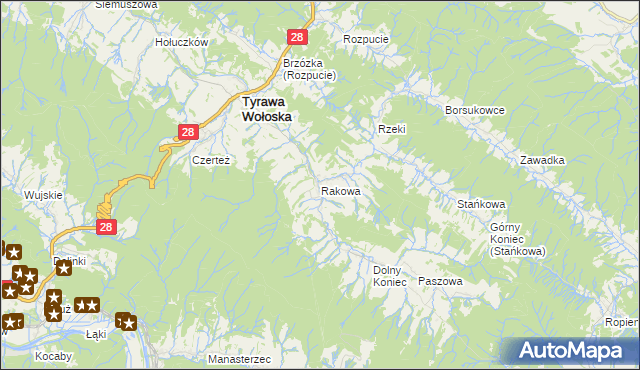 mapa Rakowa gmina Tyrawa Wołoska, Rakowa gmina Tyrawa Wołoska na mapie Targeo