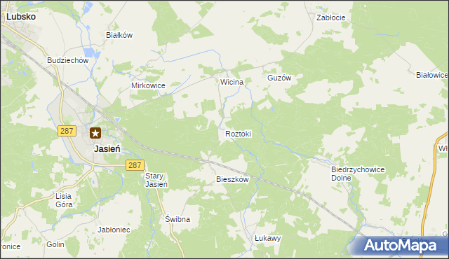 mapa Roztoki gmina Jasień, Roztoki gmina Jasień na mapie Targeo