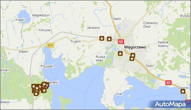 mapa Ruska Wieś gmina Węgorzewo, Ruska Wieś gmina Węgorzewo na mapie Targeo