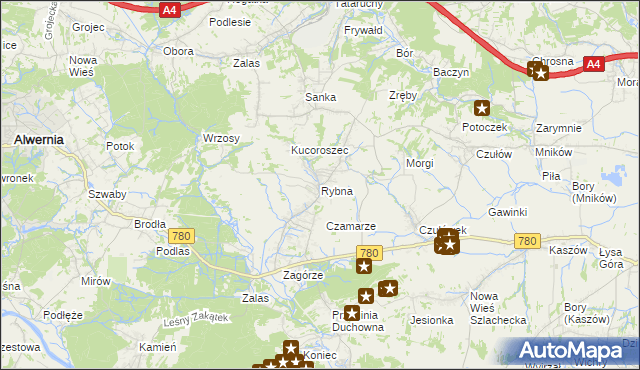 mapa Rybna gmina Czernichów, Rybna gmina Czernichów na mapie Targeo