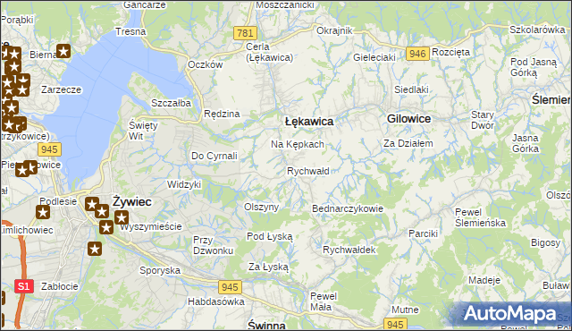 mapa Rychwałd gmina Gilowice, Rychwałd gmina Gilowice na mapie Targeo