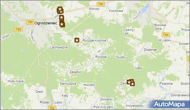 mapa Ryczów gmina Ogrodzieniec, Ryczów gmina Ogrodzieniec na mapie Targeo