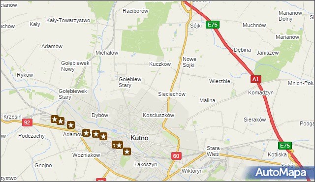 mapa Sieciechów gmina Kutno, Sieciechów gmina Kutno na mapie Targeo