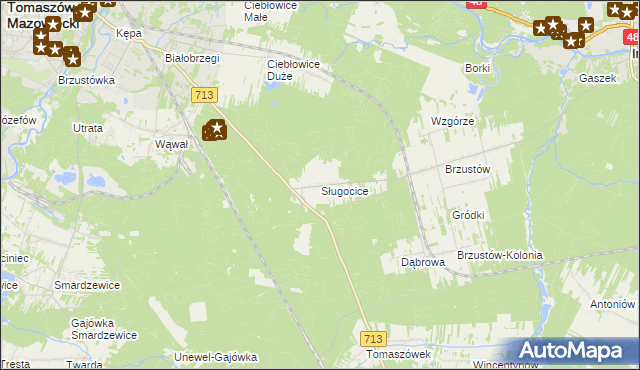 mapa Sługocice gmina Tomaszów Mazowiecki, Sługocice gmina Tomaszów Mazowiecki na mapie Targeo