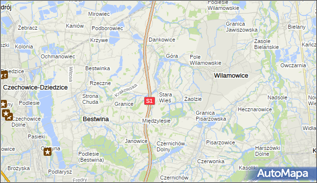 mapa Stara Wieś gmina Wilamowice, Stara Wieś gmina Wilamowice na mapie Targeo