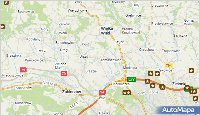 mapa Tomaszowice gmina Wielka Wieś, Tomaszowice gmina Wielka Wieś na mapie Targeo