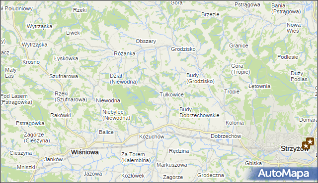 mapa Tułkowice gmina Wiśniowa, Tułkowice gmina Wiśniowa na mapie Targeo