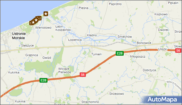 mapa Tymień gmina Będzino, Tymień gmina Będzino na mapie Targeo