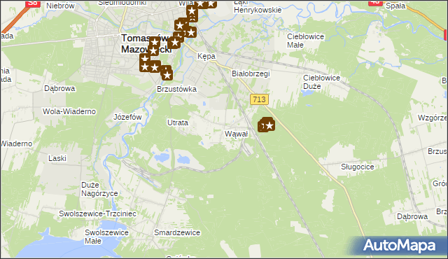 mapa Wąwał gmina Tomaszów Mazowiecki, Wąwał gmina Tomaszów Mazowiecki na mapie Targeo