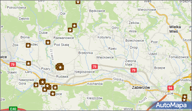 mapa Więckowice gmina Zabierzów, Więckowice gmina Zabierzów na mapie Targeo