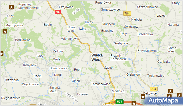 mapa Wielka Wieś powiat krakowski, Wielka Wieś powiat krakowski na mapie Targeo