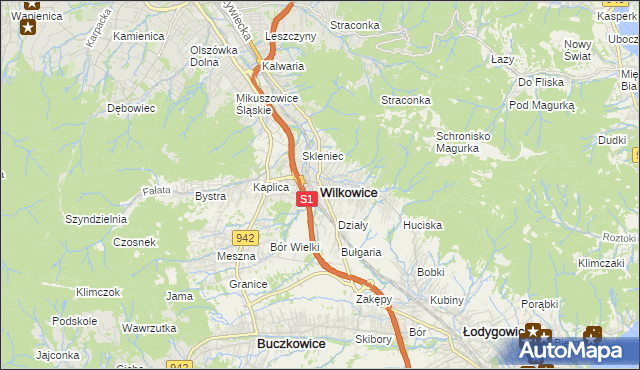 mapa Wilkowice powiat bielski, Wilkowice powiat bielski na mapie Targeo
