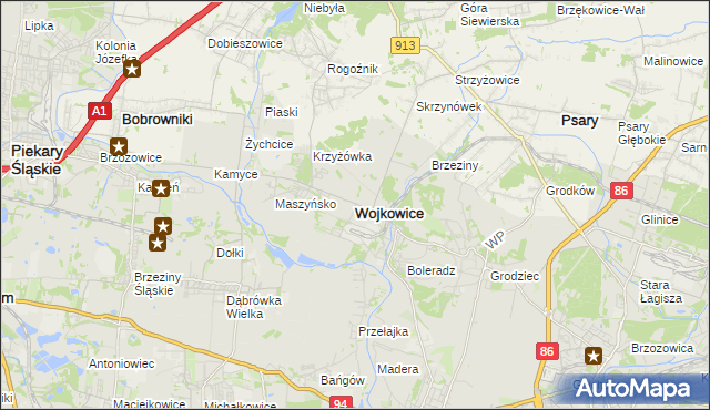 mapa Wojkowice powiat będziński, Wojkowice powiat będziński na mapie Targeo